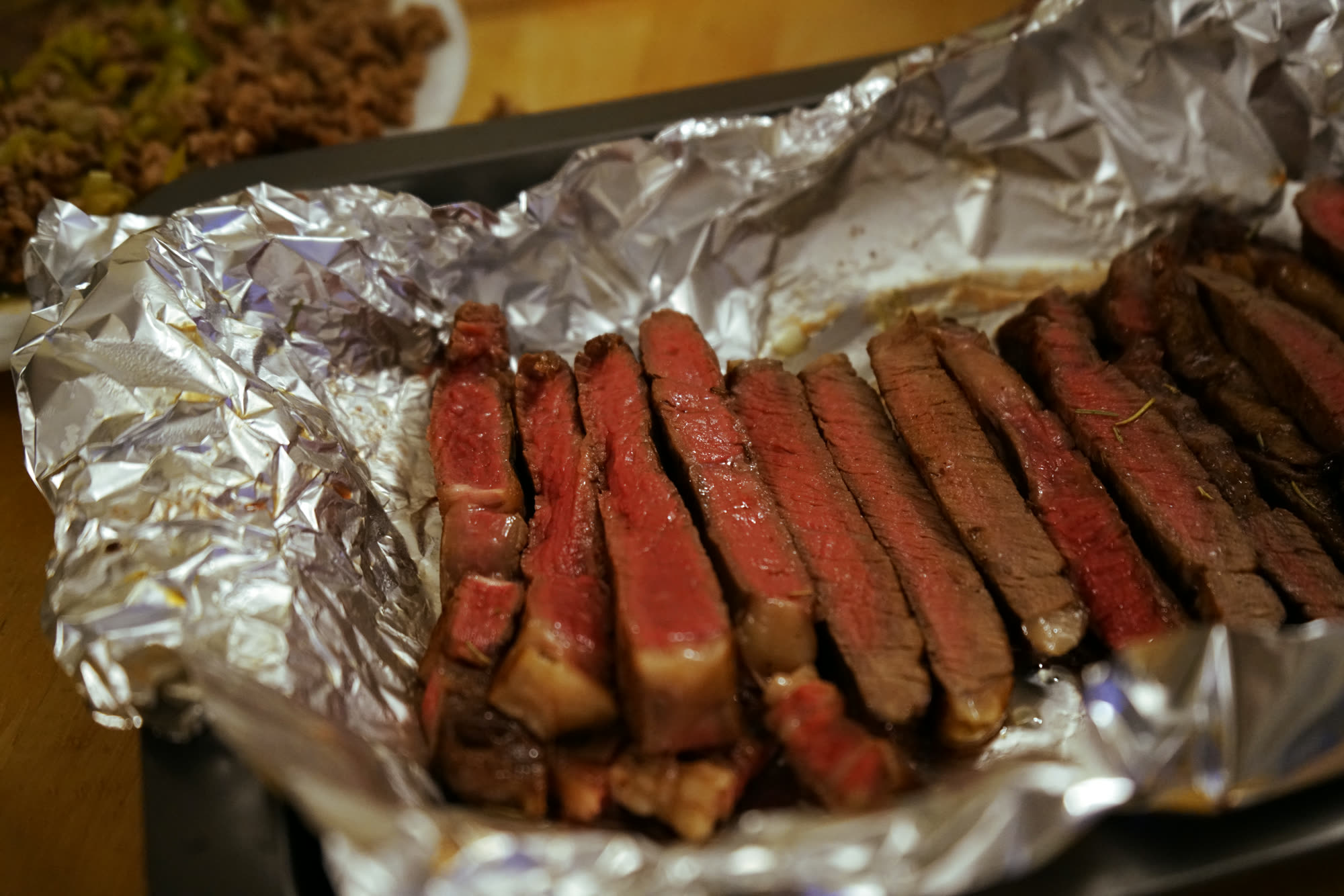 Freshly cooked meat in dim light